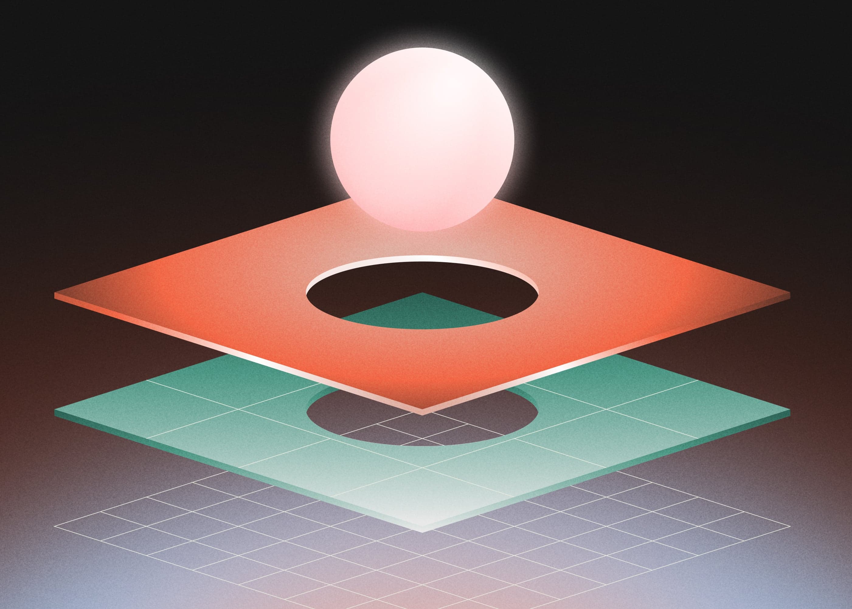 A glowing sphere hovering above two abstract layers above another grid.
