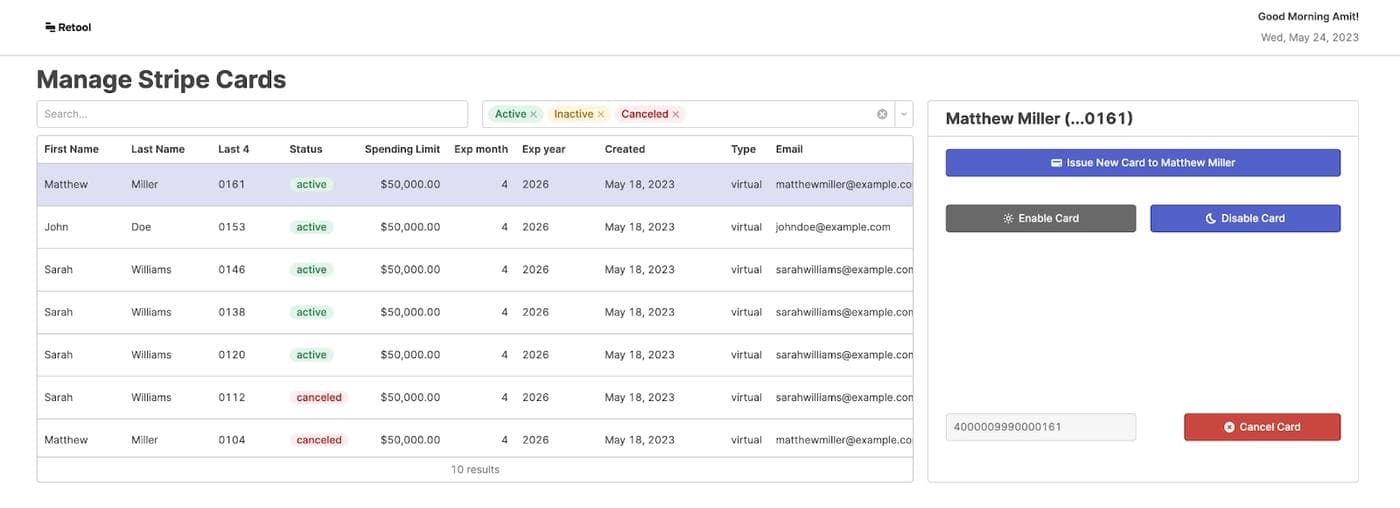 Manage Stripe cards with a custom Retool dashboard