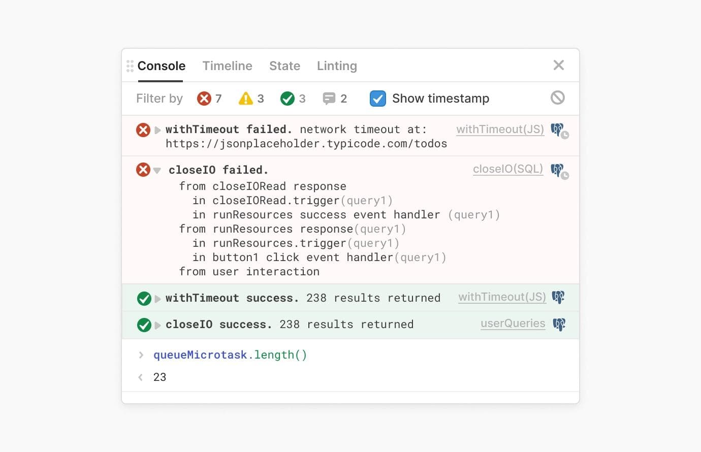 Console tab displays a list of errors, warnings, and success messages that relate to your queries, transformers, event handlers, etc.