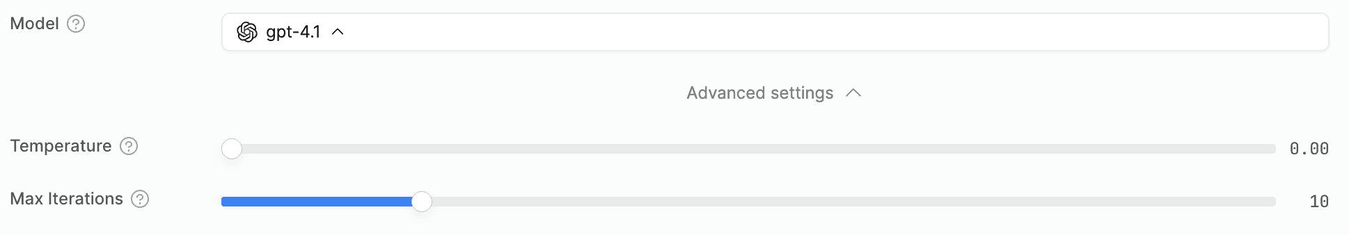 Model configuration showing gpt-4.1 selected with temperature slider at 0.00 and max iterations set to 10