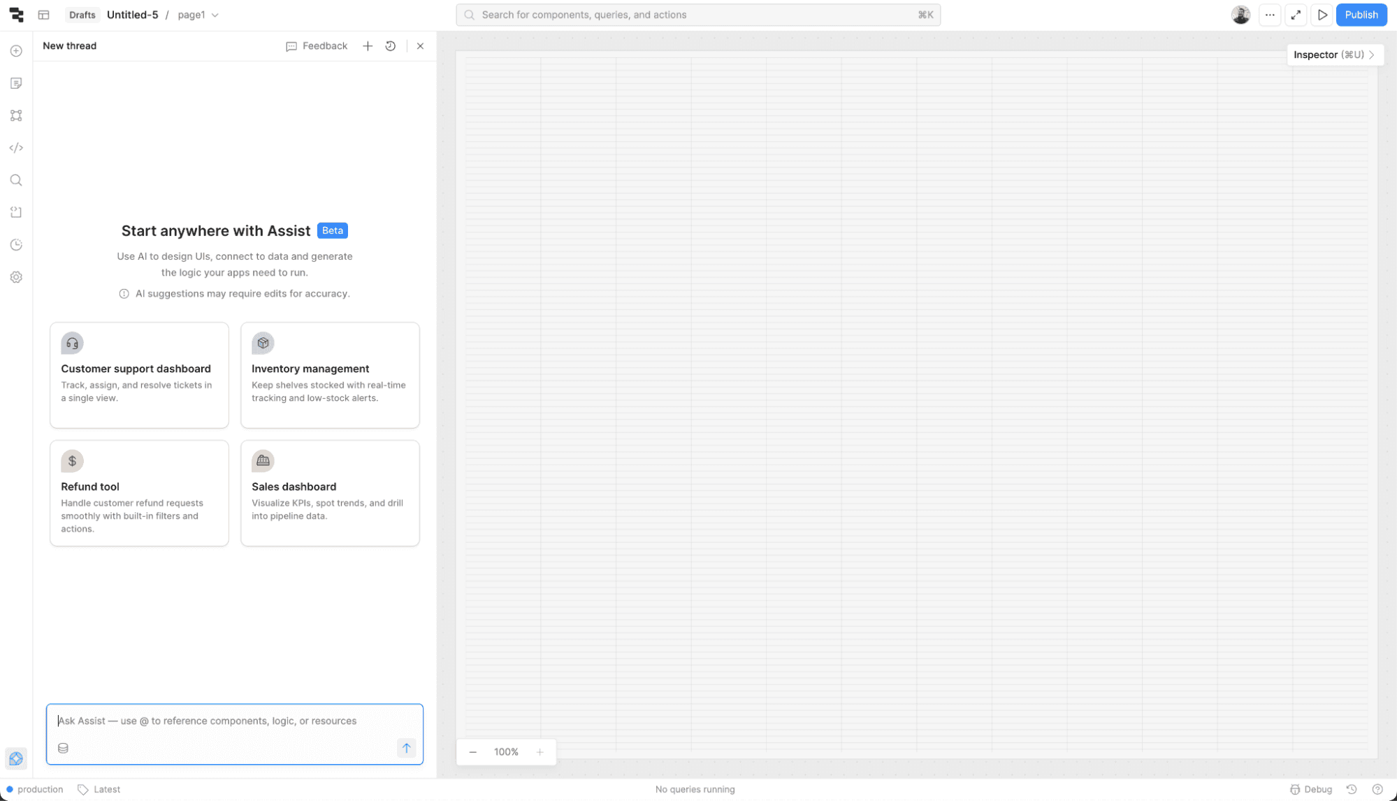 AI-powered app development interface showing starter templates like customer support and sales dashboards, with a large blank design canvas.