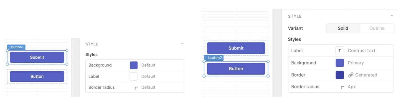 Style options for the v1 Button component (left) vs. the v2 Button component (right).