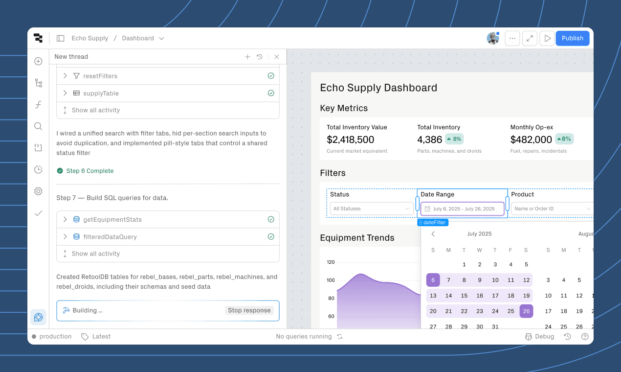 A software interface showing a code editor or AI assistant panel on the left, and an "Echo Supply Dashboard" on the right with key metrics, filters, a calendar, and a trend graph.