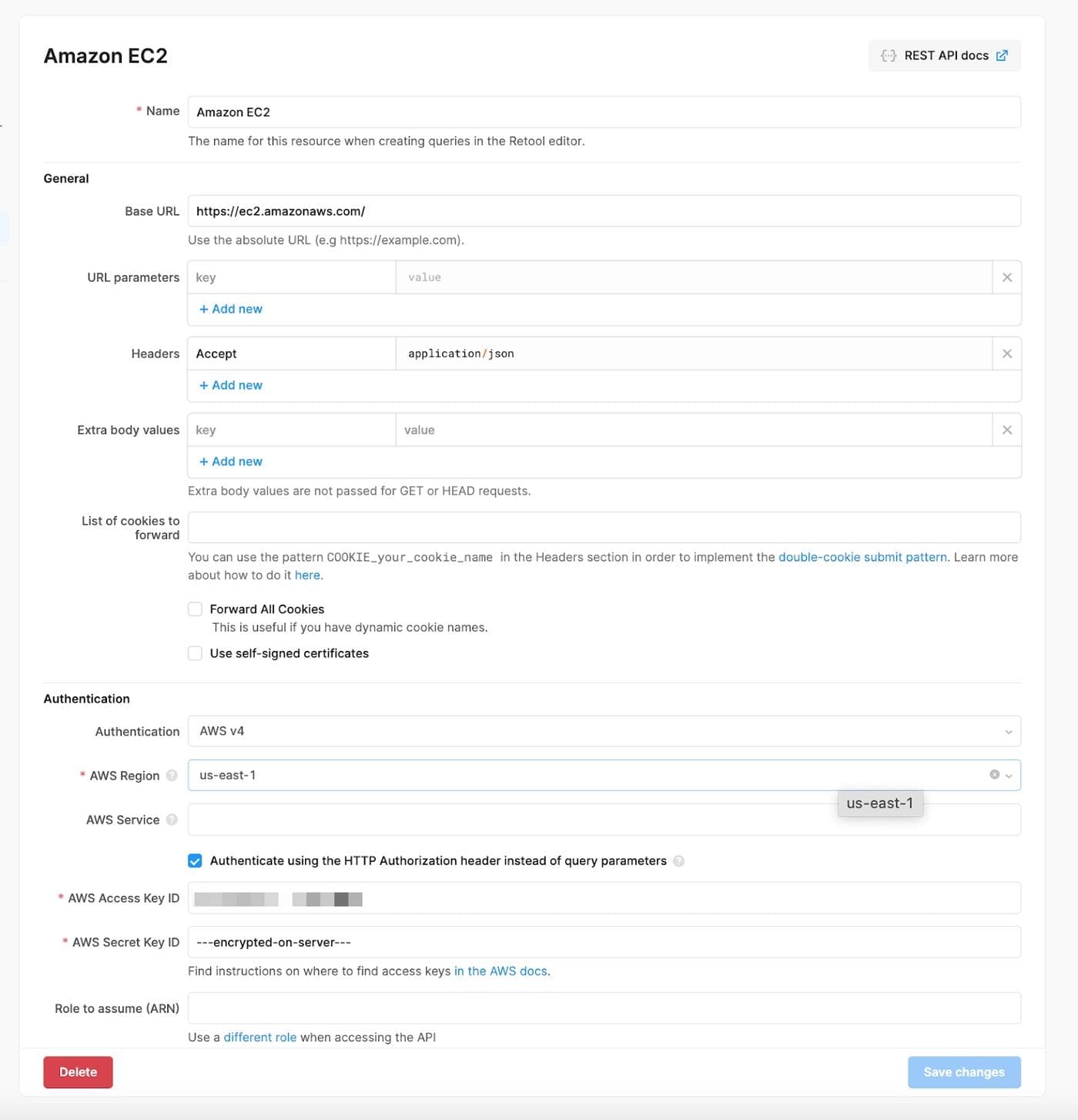 Setting up the Resource for Amazon EC2 API in the "Resources" tab