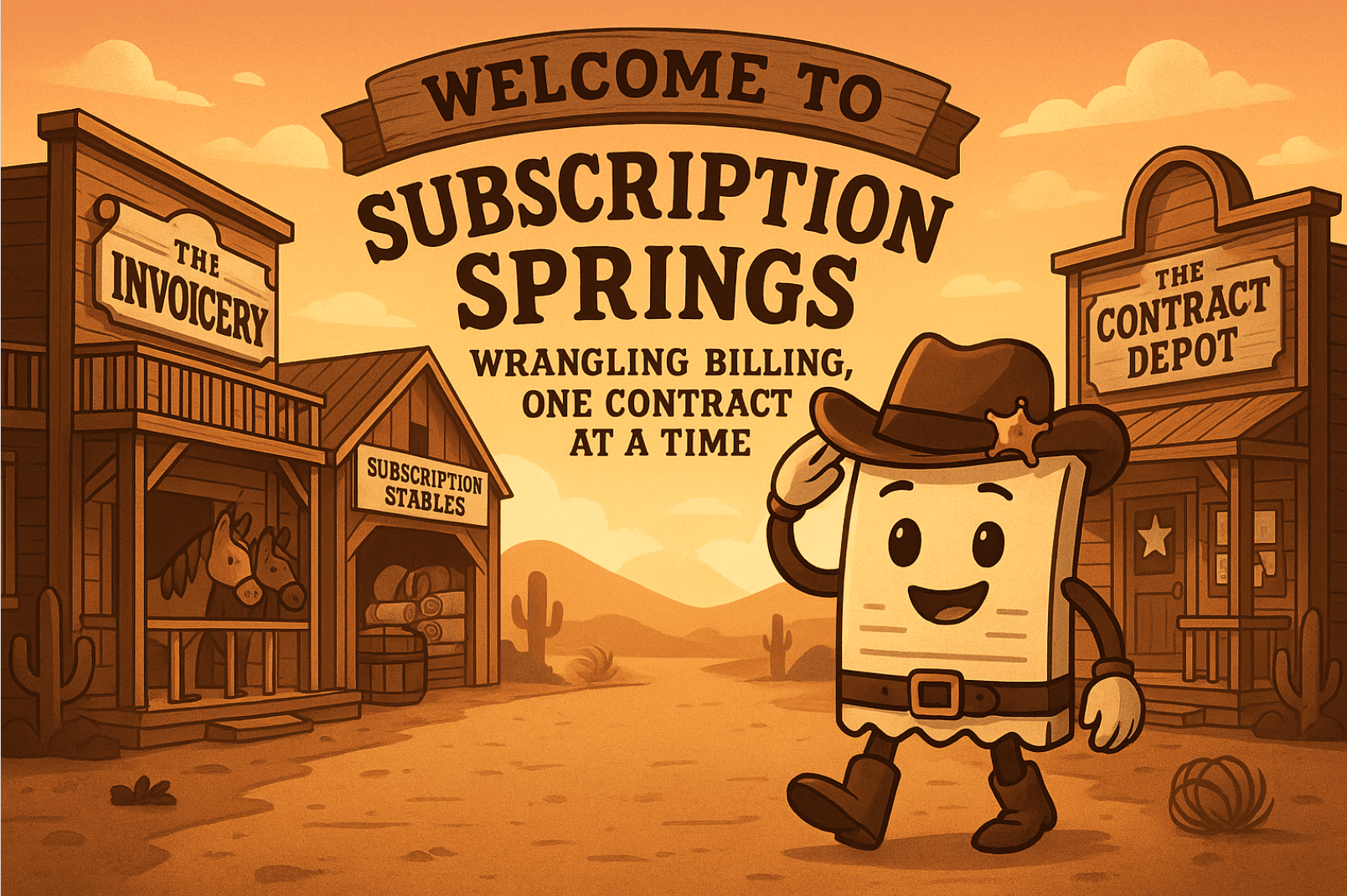 A cartoon Wild West scene for "Subscription Springs," featuring a cowboy contract character and the slogan "Wrangling Billing, One Contract At A Time."