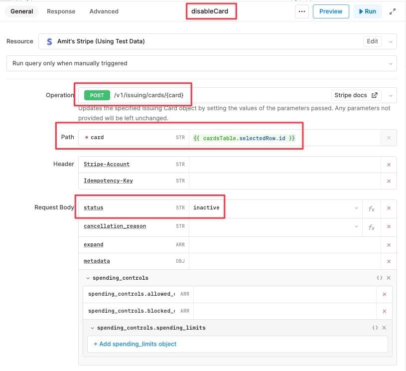 Create a new Resource Query to update card status to "inactive"