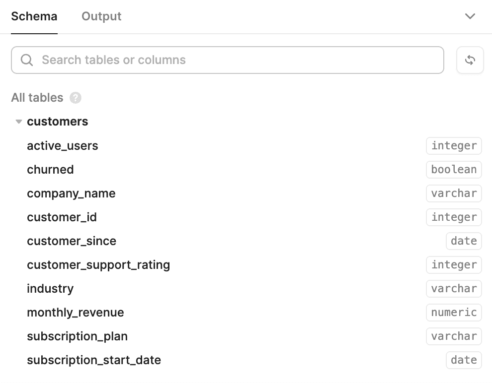 Schema shows the connection worked to import customer information