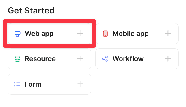 Retool dashboard with "Web app" selected