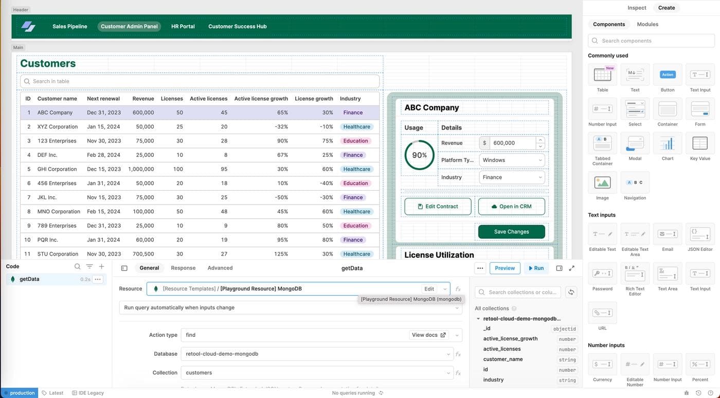 A Retool-built MongoDB admin panel, shown in Editor mode.