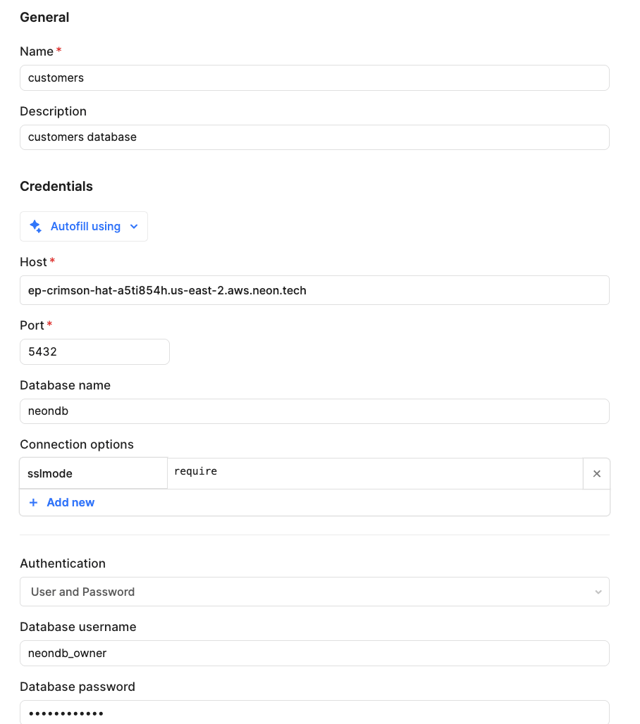Adding the Postgres connection information for a database manually