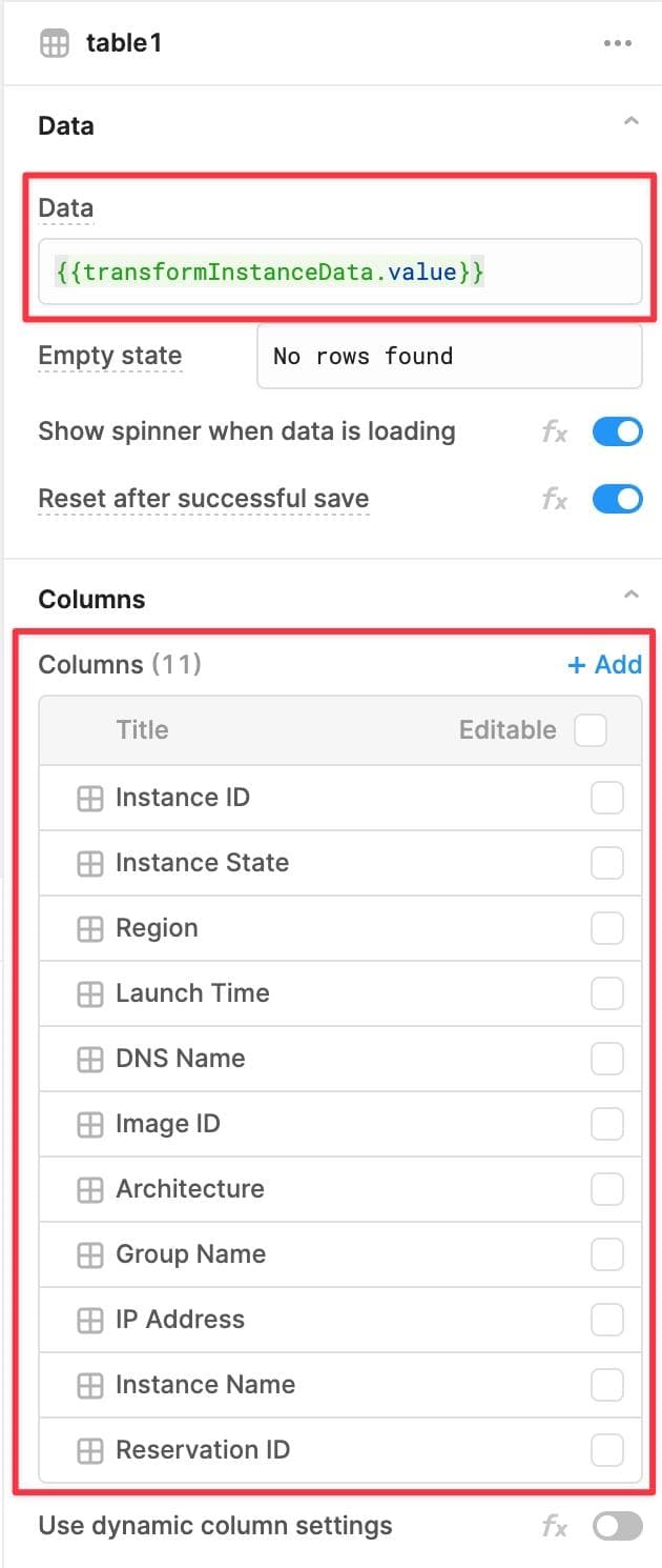 Changing the data property of the table to refer to the results of the JavaScript Transformer