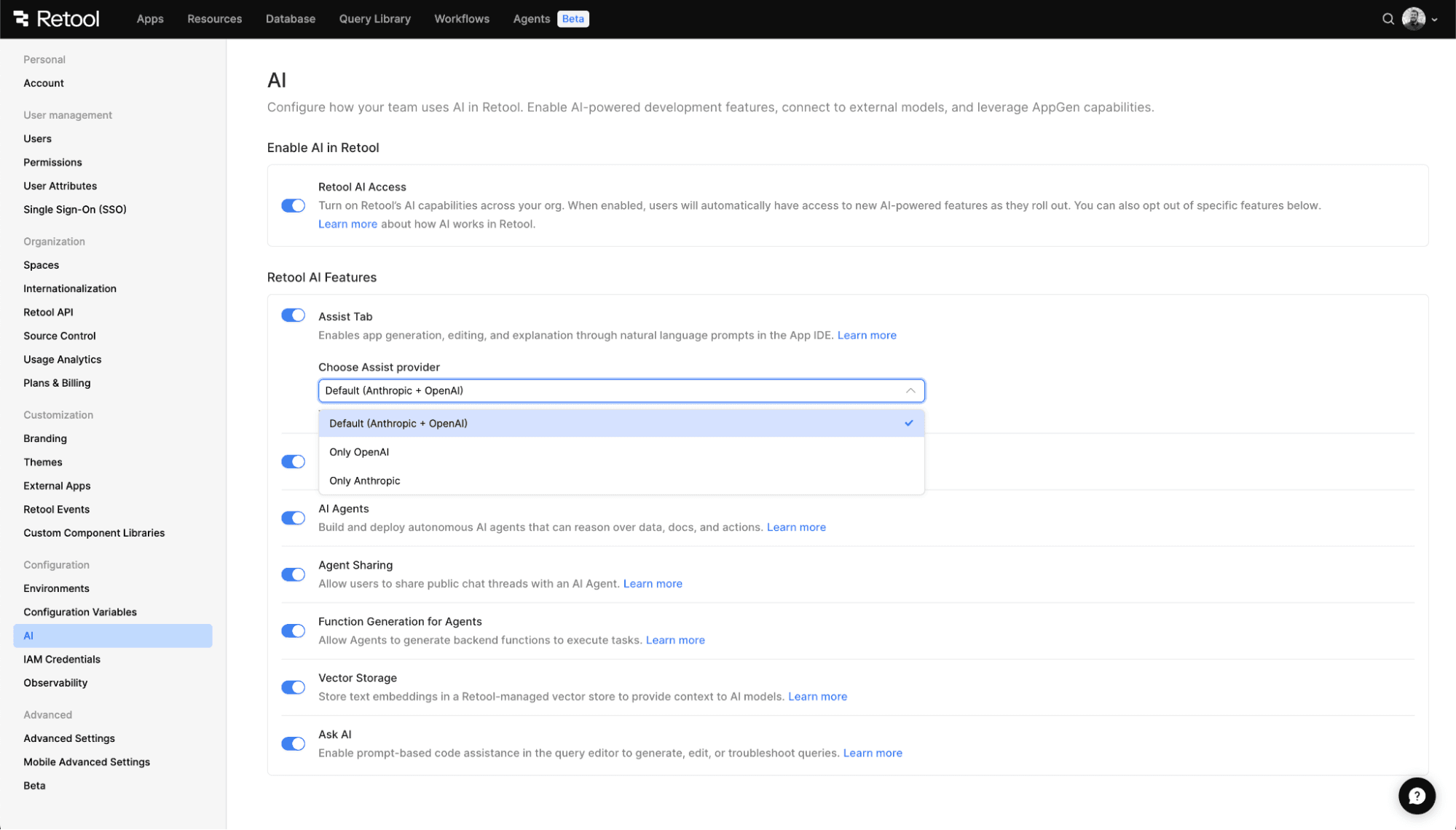 Retool's AI settings page with multiple AI features enabled and "Default (Anthropic + OpenAI)" selected as the assist provider.