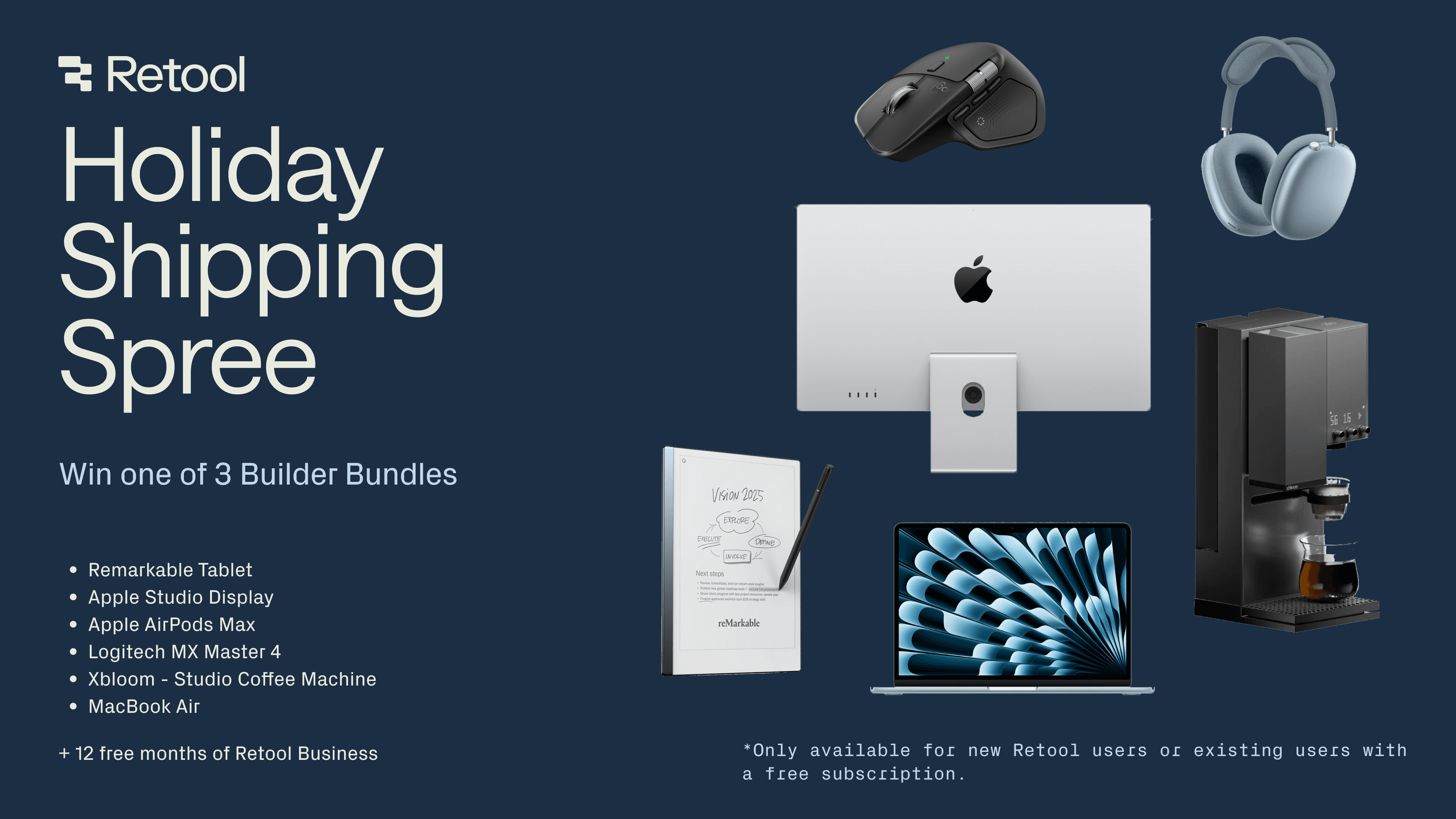 Retool's Holiday Shipping Spree promotion displaying tech prizes: an Apple Studio Display, MacBook Air, AirPods Max, Remarkable Tablet, Logitech mouse, and a coffee machine.