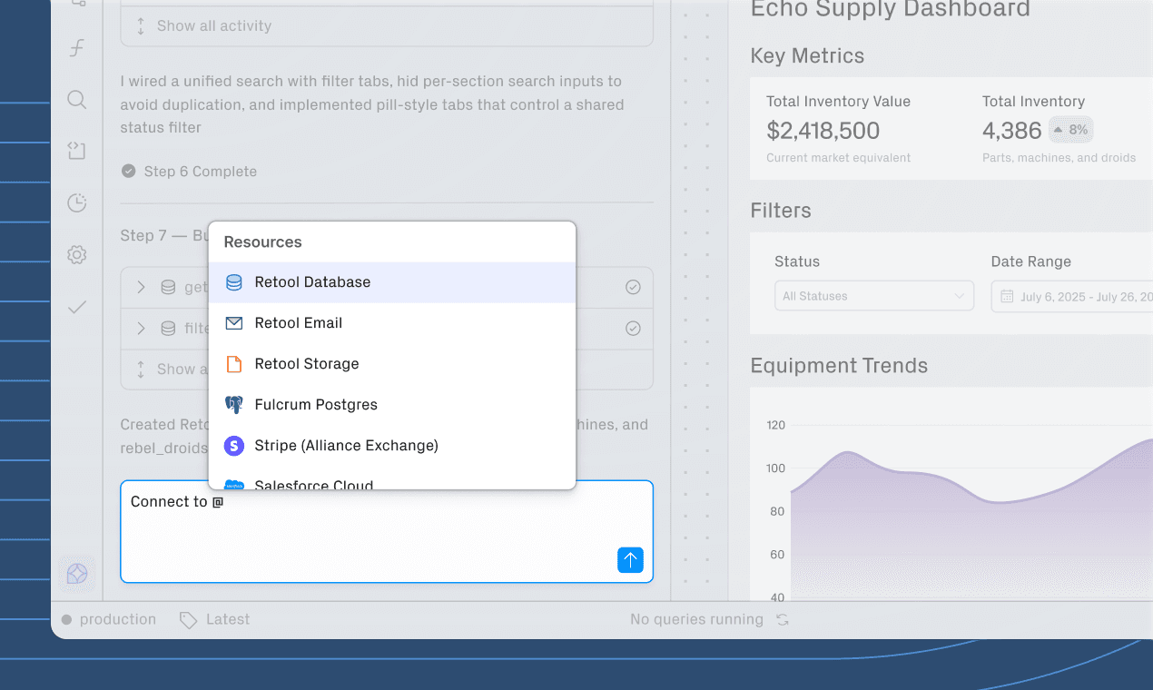 A Retool UI displaying a 'Resources' dropdown menu with 'Retool Database' highlighted, overlaying a dashboard with metrics and a graph.