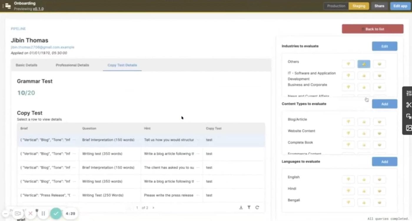 Evaluating creators' writing samples in a Retool app