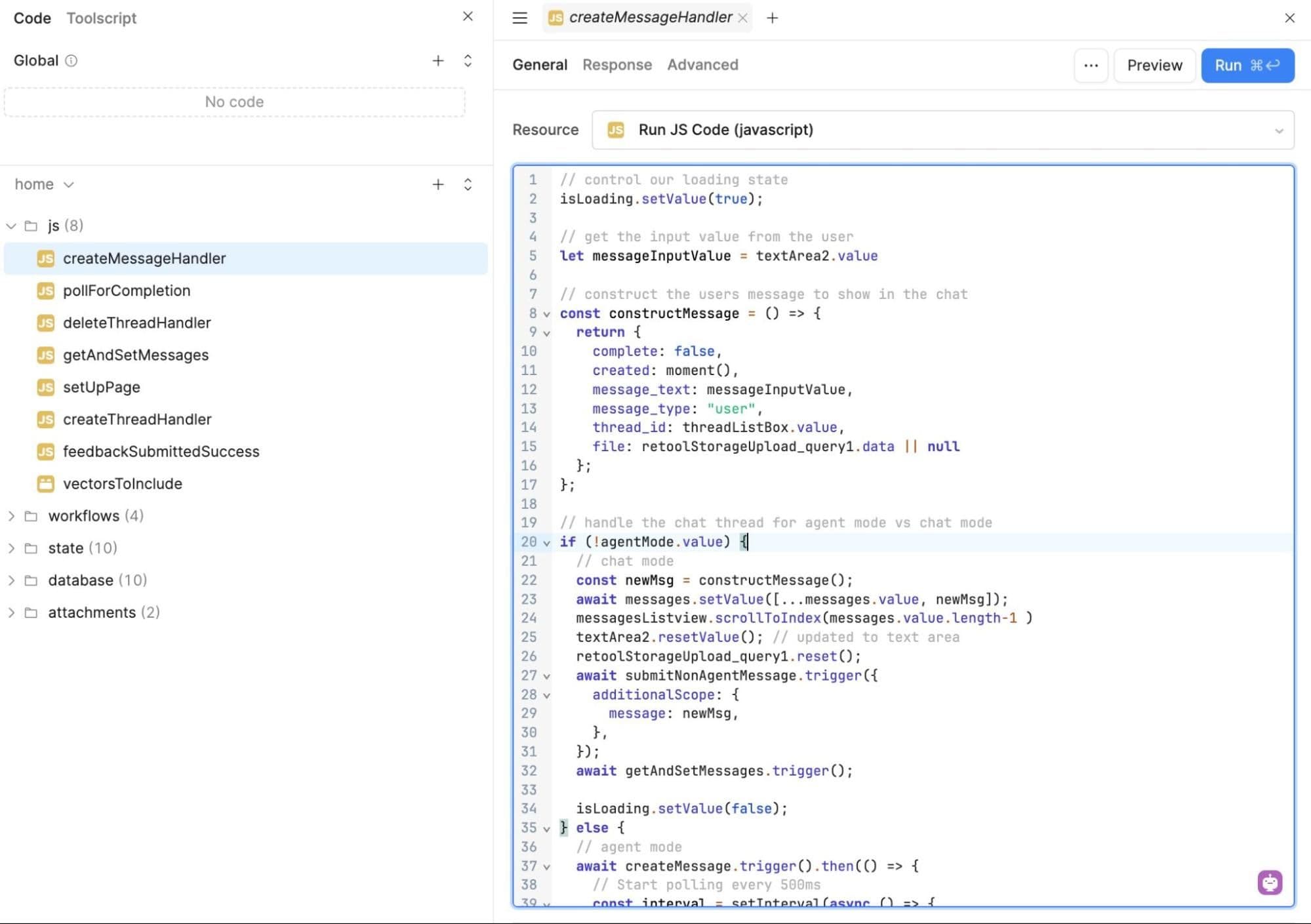 A completely-custom Javascript query that manages the state of our app.