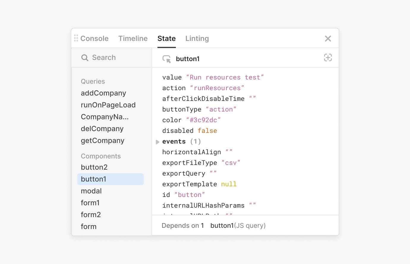 State tab provides a list of queries, components, and global variables used in your app